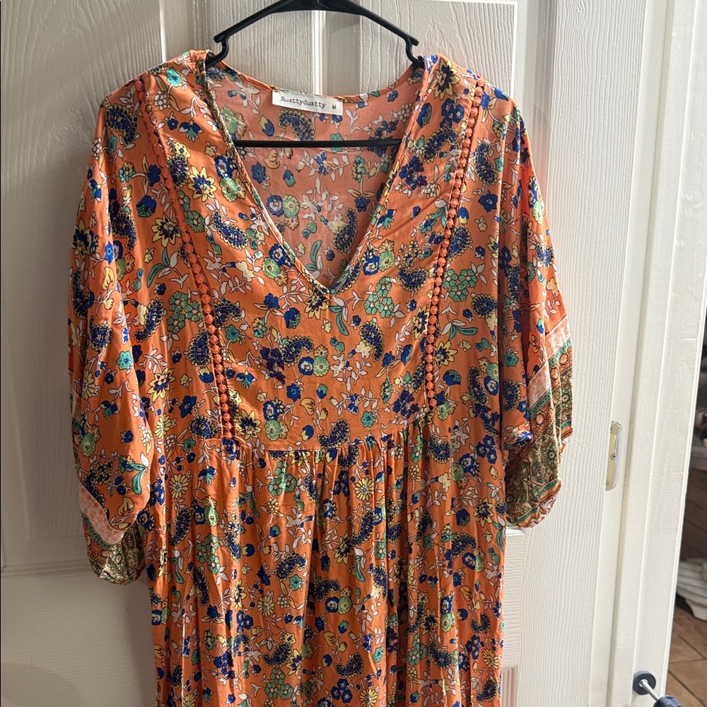 Boho Floral V-Neck Maxi Dress in Rust